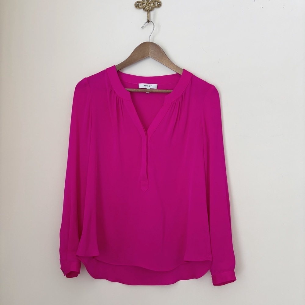Milly Fuchsia Stretch Silk V Neck Blouse Sz 0 Summer Luxury